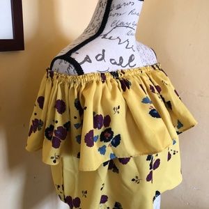 Tops - Yellow floral flounce off the shoulder crop top S Tops - Yellow floral flounce off the shoulder crop top S